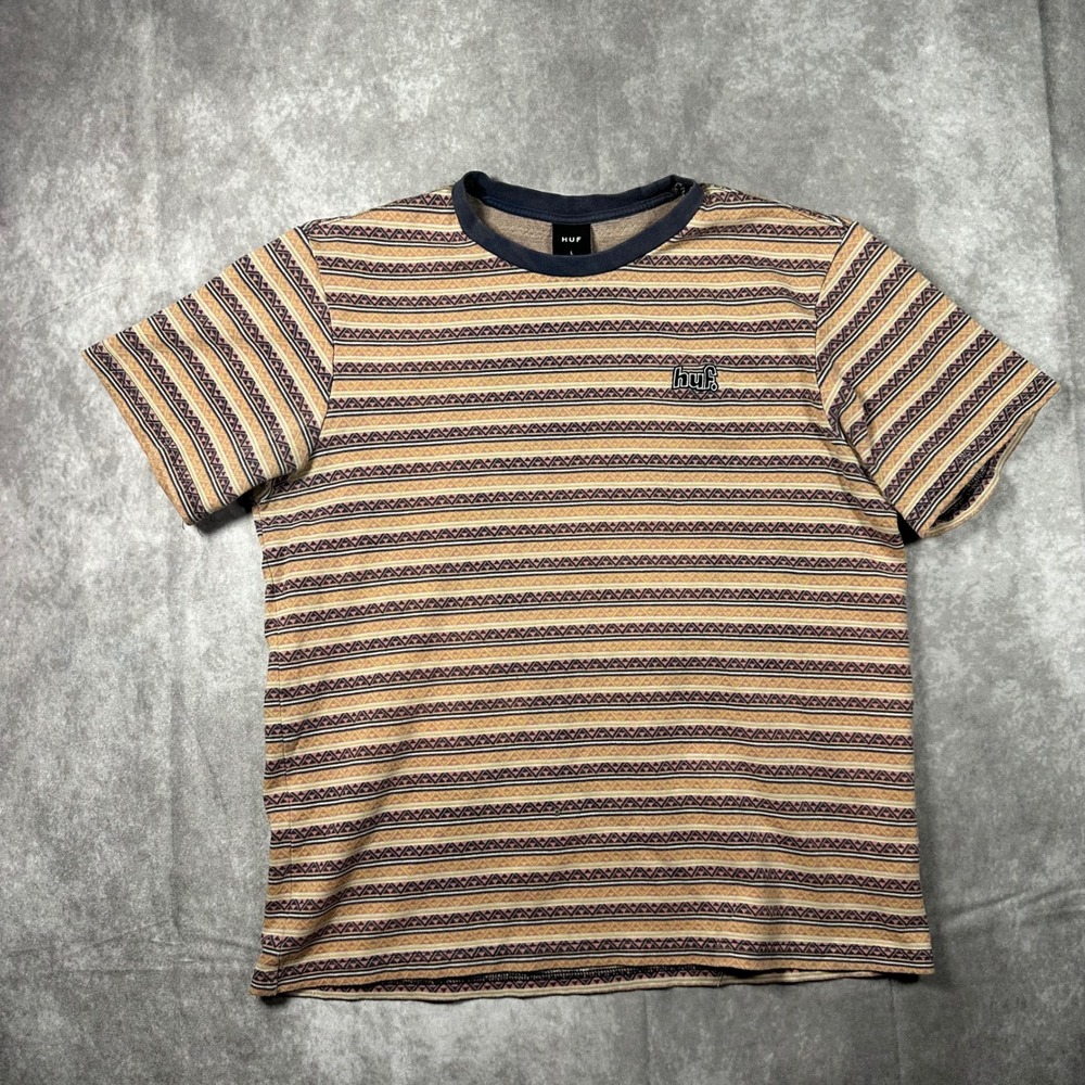 HUF Mens Large Knit Striped T-Shirt Brown Tan Geometric Retro Skater Casual Tee